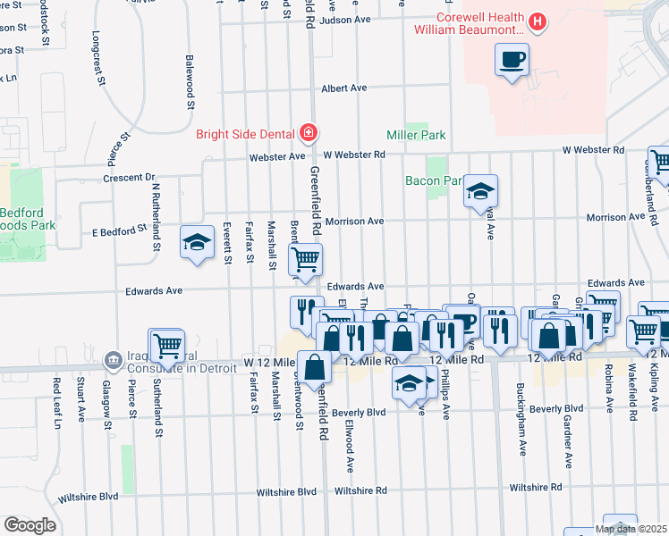map of restaurants, bars, coffee shops, grocery stores, and more near 3692 Ellwood Avenue in Berkley