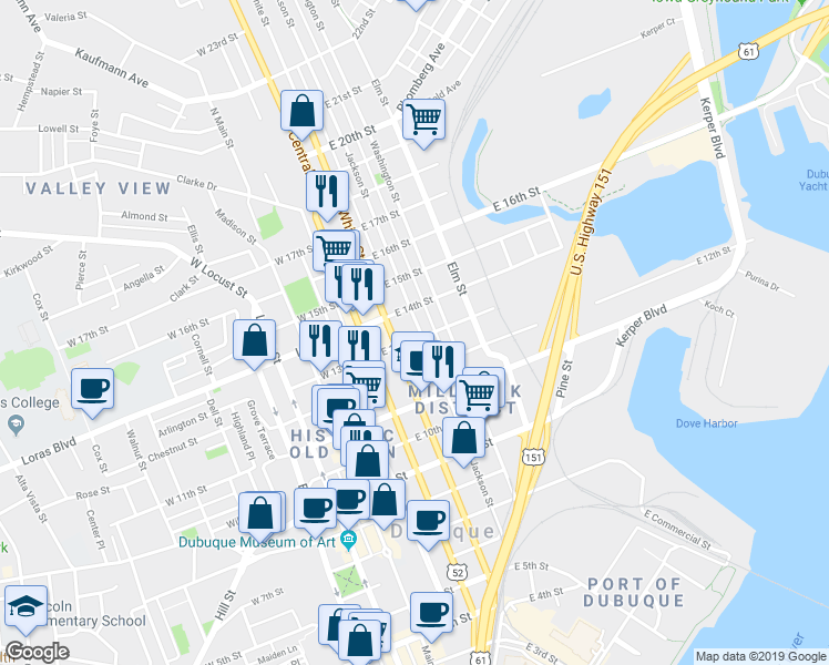 map of restaurants, bars, coffee shops, grocery stores, and more near 1252 Iowa 3 in Dubuque