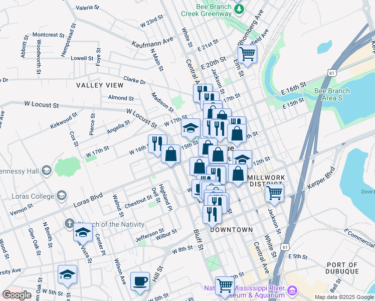 map of restaurants, bars, coffee shops, grocery stores, and more near 1394 Locust Street in Dubuque
