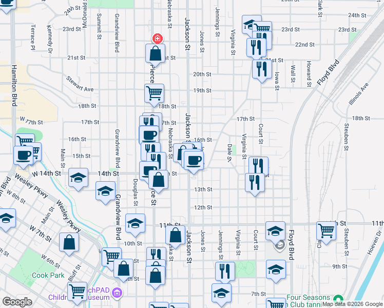 map of restaurants, bars, coffee shops, grocery stores, and more near 1400-1498 Jackson Street in Sioux City
