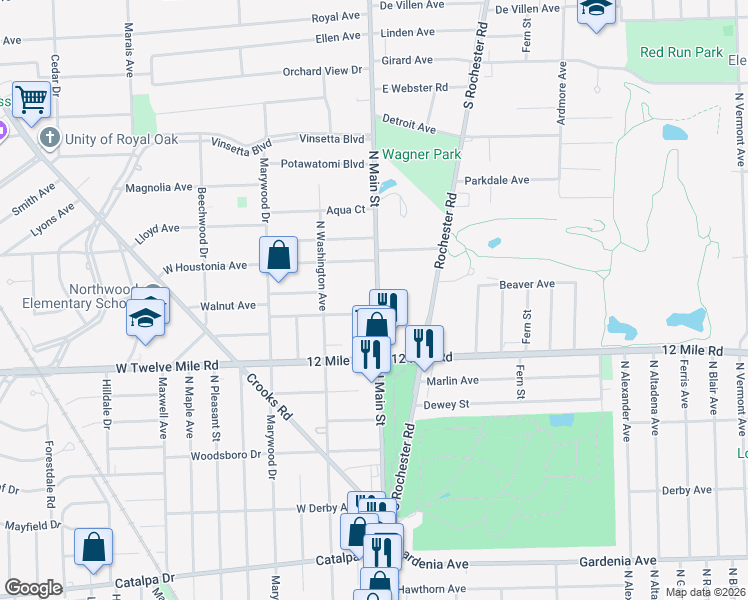 map of restaurants, bars, coffee shops, grocery stores, and more near 1872 North Main Street in Royal Oak