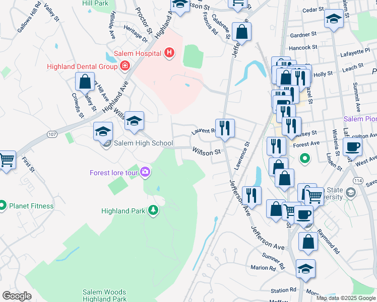 map of restaurants, bars, coffee shops, grocery stores, and more near 10 Story Road in Salem