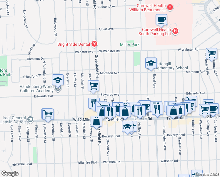 map of restaurants, bars, coffee shops, grocery stores, and more near 3692 Ellwood Avenue in Berkley