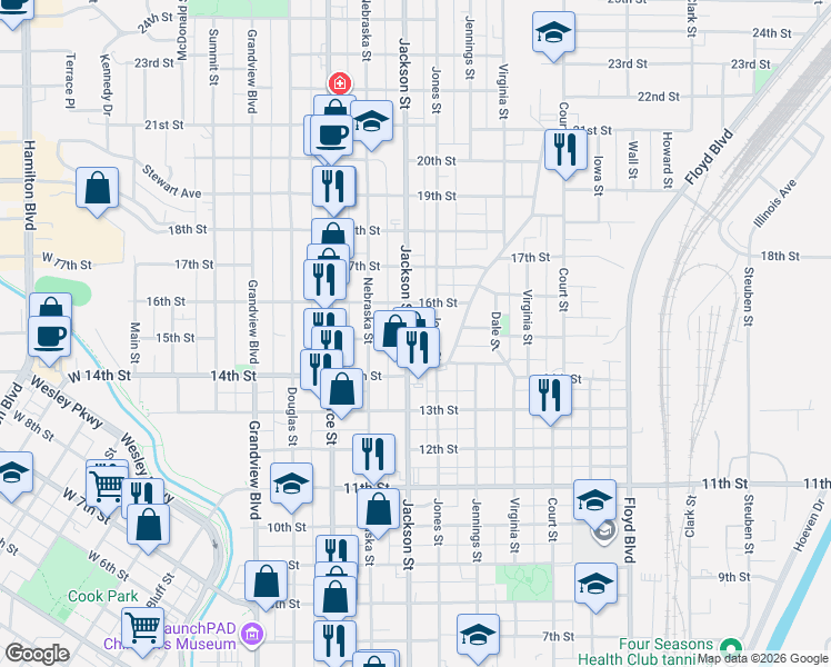 map of restaurants, bars, coffee shops, grocery stores, and more near 1400-1498 Jackson Street in Sioux City