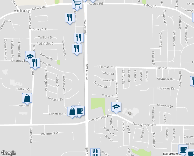 map of restaurants, bars, coffee shops, grocery stores, and more near 3982 Aurora Street in Dubuque