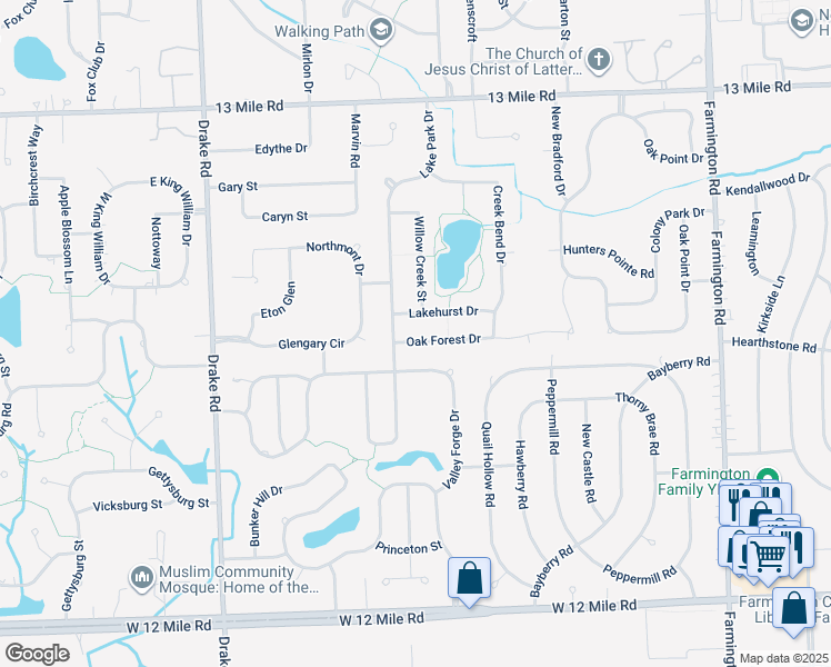 map of restaurants, bars, coffee shops, grocery stores, and more near 34622 Oak Forest Drive in Farmington Hills