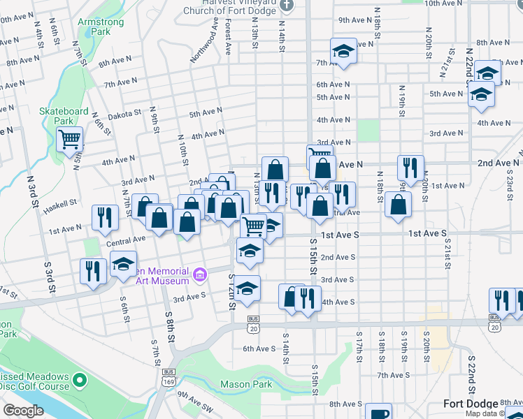 map of restaurants, bars, coffee shops, grocery stores, and more near 1302 Central Avenue in Fort Dodge