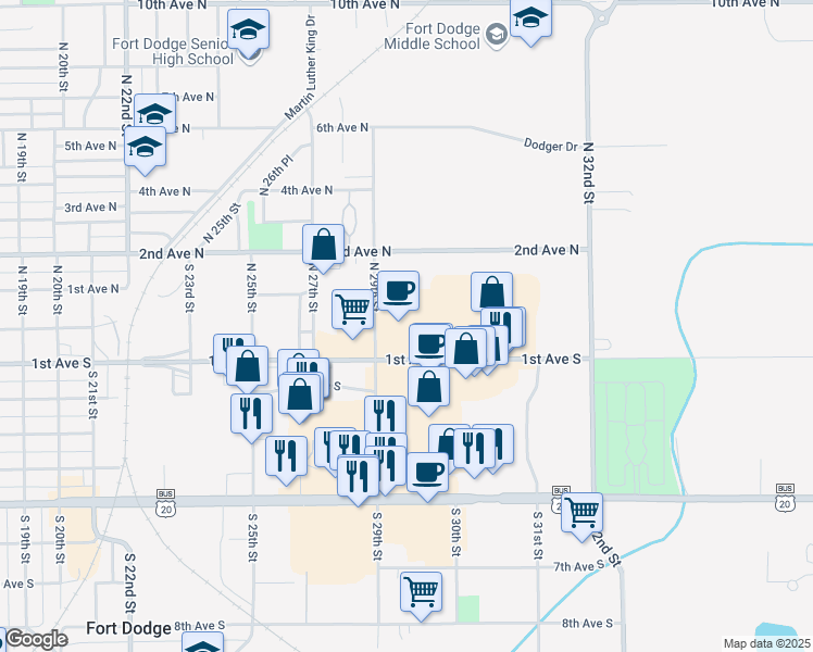 map of restaurants, bars, coffee shops, grocery stores, and more near 2910 1st Avenue South in Fort Dodge