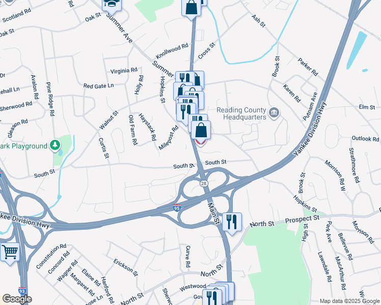 map of restaurants, bars, coffee shops, grocery stores, and more near 100 Main Street in Reading
