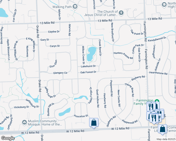 map of restaurants, bars, coffee shops, grocery stores, and more near 34424 Lakehurst Drive in Farmington Hills