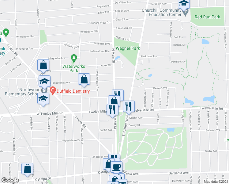map of restaurants, bars, coffee shops, grocery stores, and more near 1921 North Main Street in Royal Oak