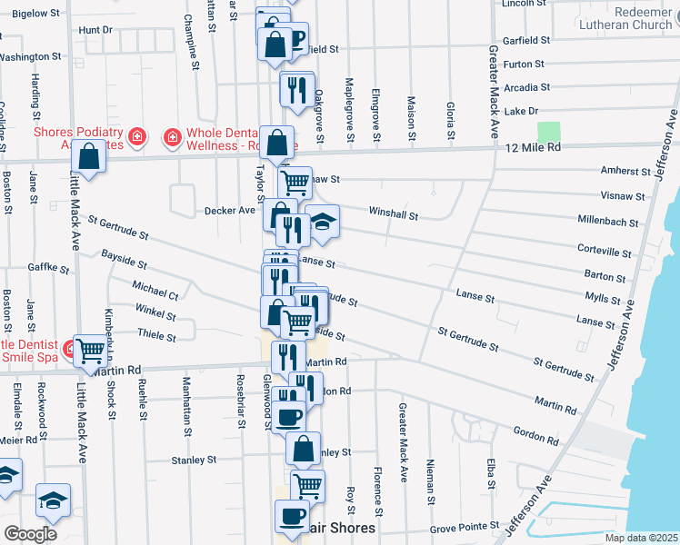 map of restaurants, bars, coffee shops, grocery stores, and more near 21601 Lanse Street in St. Clair Shores
