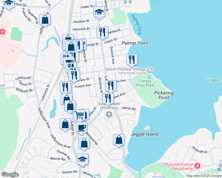 map of restaurants, bars, coffee shops, grocery stores, and more near 3 Clifton Avenue in Salem