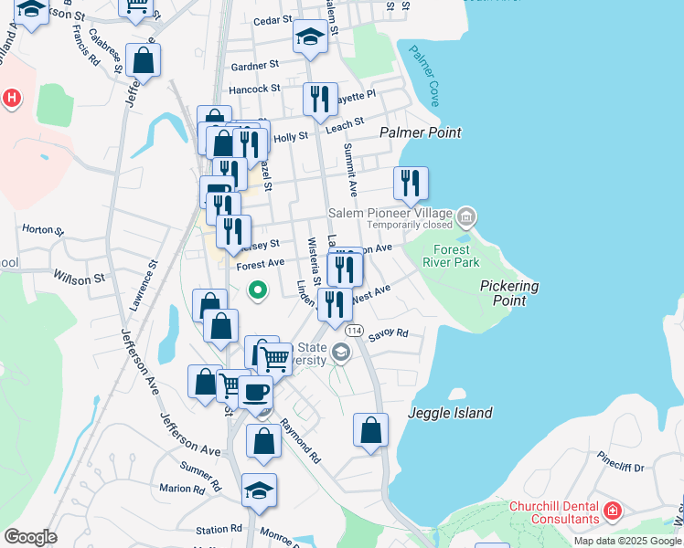 map of restaurants, bars, coffee shops, grocery stores, and more near 321 Lafayette Street in Salem