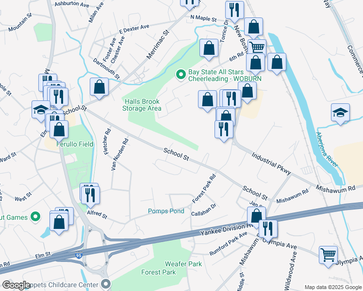map of restaurants, bars, coffee shops, grocery stores, and more near 1 Candice Court in Woburn
