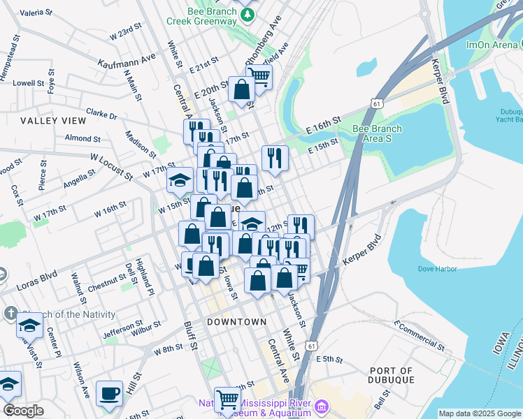 map of restaurants, bars, coffee shops, grocery stores, and more near 1380 Washington Street in Dubuque