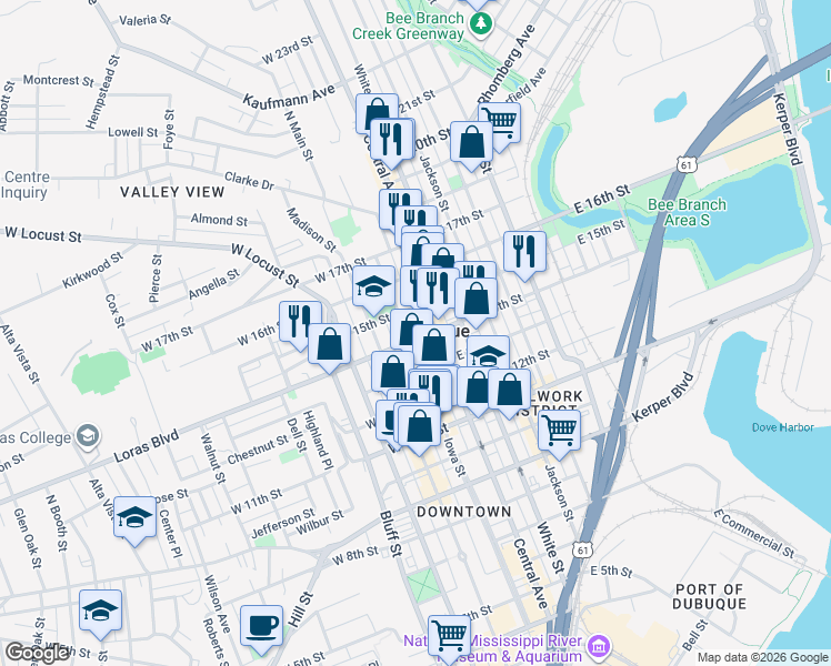 map of restaurants, bars, coffee shops, grocery stores, and more near 1504 Iowa Street in Dubuque