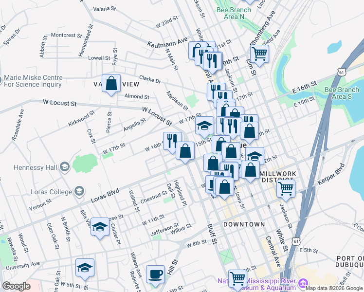 map of restaurants, bars, coffee shops, grocery stores, and more near 1599 Bluff Street in Dubuque