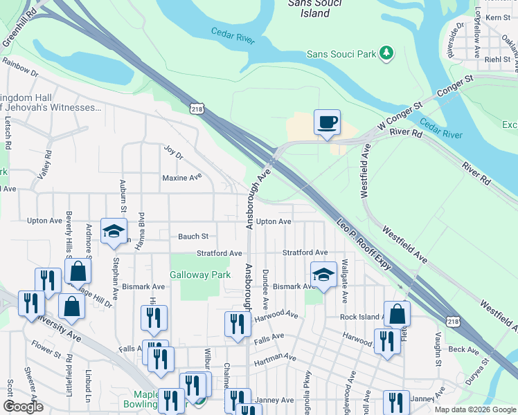 map of restaurants, bars, coffee shops, grocery stores, and more near 600-898 Maynard Avenue in Waterloo