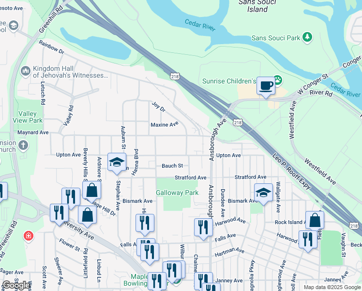 map of restaurants, bars, coffee shops, grocery stores, and more near 346-398 Joy Drive in Waterloo