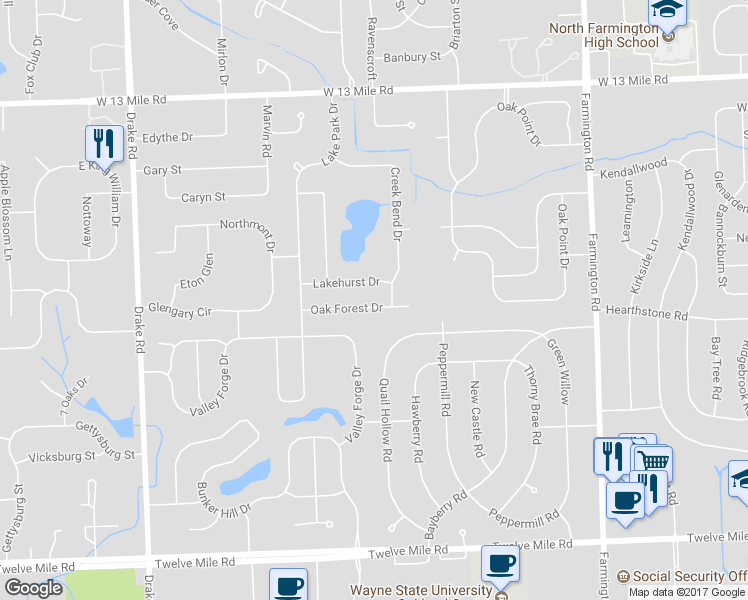 map of restaurants, bars, coffee shops, grocery stores, and more near 34346 Oak Forest Drive in Farmington Hills
