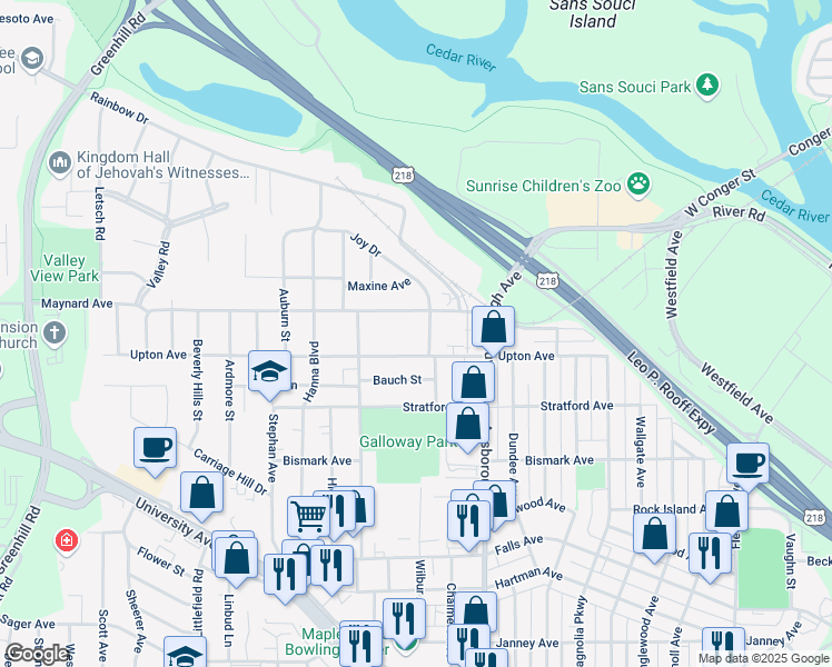 map of restaurants, bars, coffee shops, grocery stores, and more near 346-398 Joy Drive in Waterloo