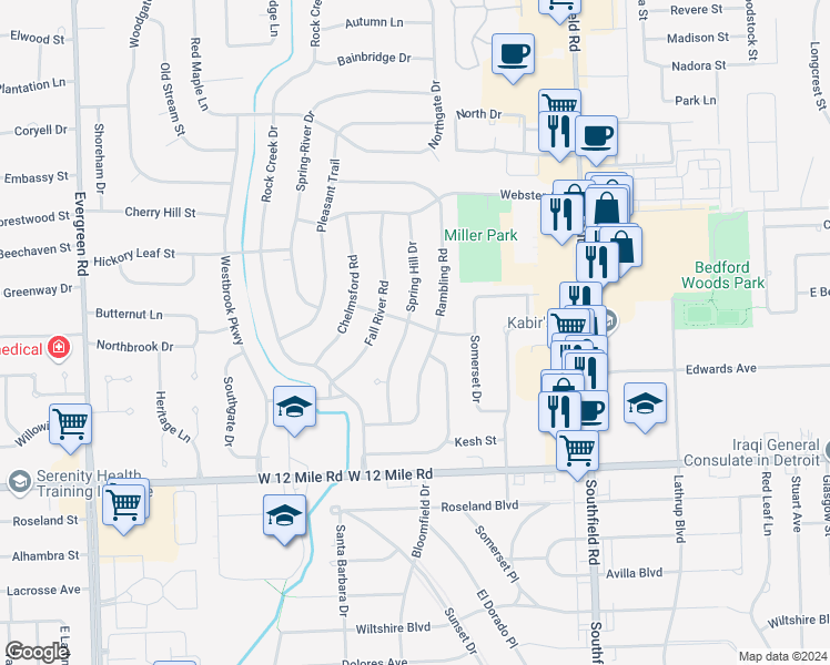 map of restaurants, bars, coffee shops, grocery stores, and more near 18655 Framingham Drive in Southfield