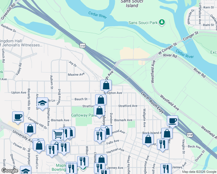 map of restaurants, bars, coffee shops, grocery stores, and more near 600-898 Maynard Avenue in Waterloo