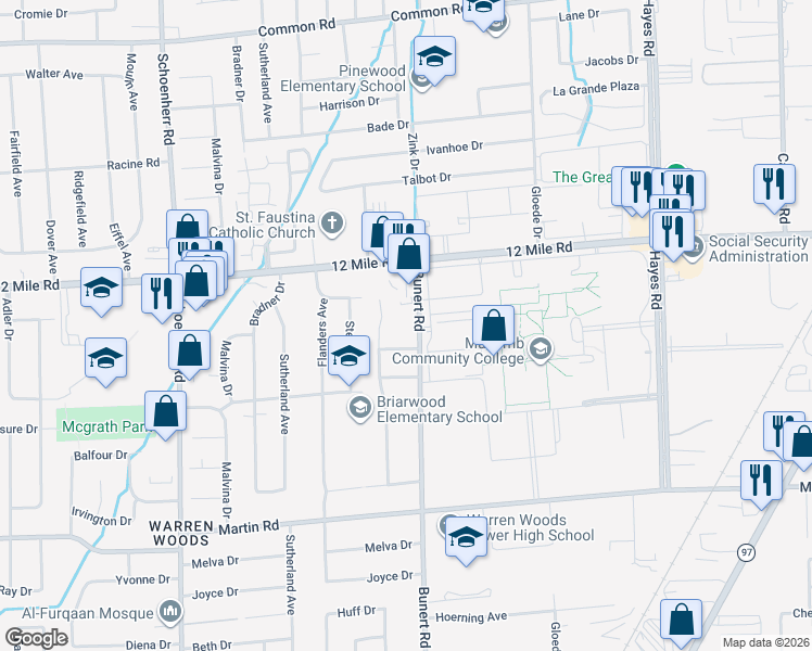 map of restaurants, bars, coffee shops, grocery stores, and more near 28837 Bunert Road in Warren