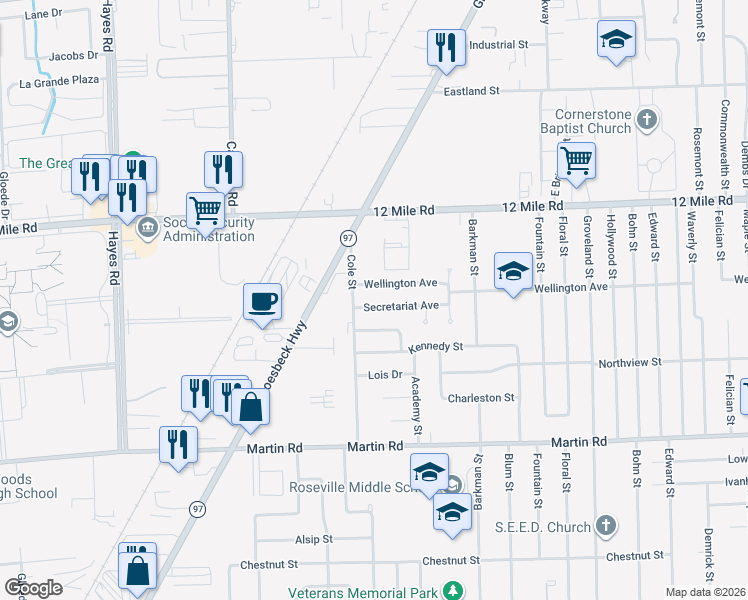 map of restaurants, bars, coffee shops, grocery stores, and more near 16047 Wellington Avenue in Roseville