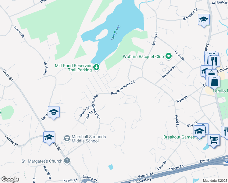 map of restaurants, bars, coffee shops, grocery stores, and more near 68 Peach Orchard Road in Burlington