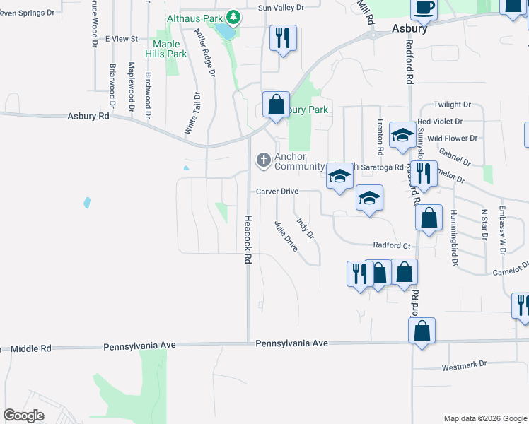 map of restaurants, bars, coffee shops, grocery stores, and more near 2130 Helle Drive in Asbury