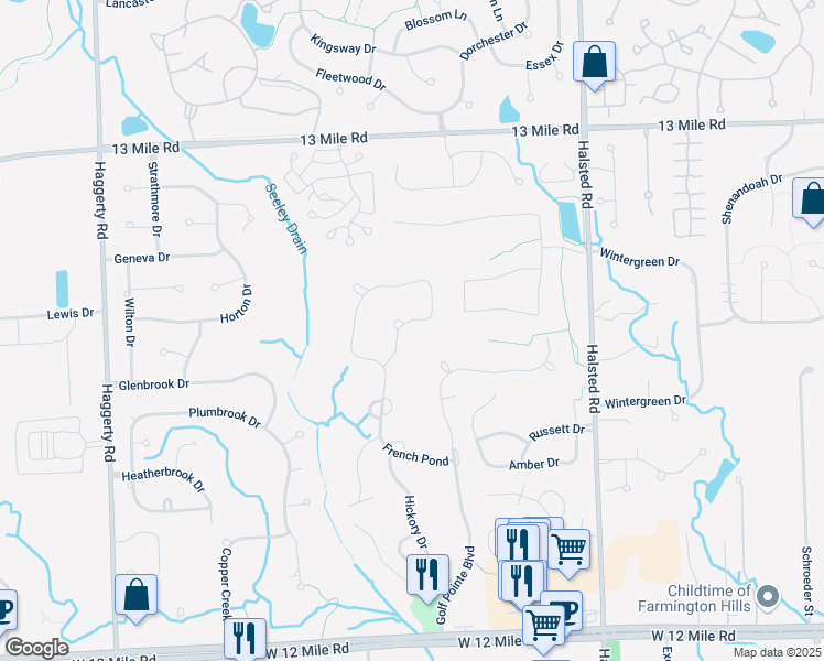 map of restaurants, bars, coffee shops, grocery stores, and more near 28860 Hidden Trail in Farmington Hills