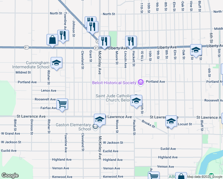 map of restaurants, bars, coffee shops, grocery stores, and more near 1322 Portland Avenue in Beloit