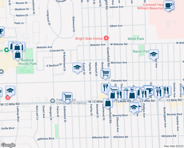 map of restaurants, bars, coffee shops, grocery stores, and more near 29560 Fairfax Street in Southfield