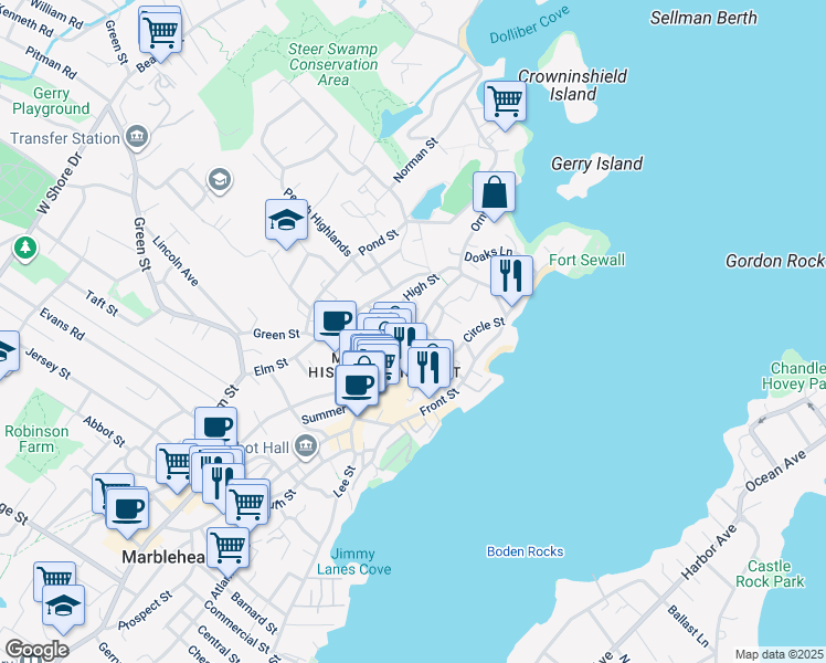 map of restaurants, bars, coffee shops, grocery stores, and more near 41 Washington Street in Marblehead