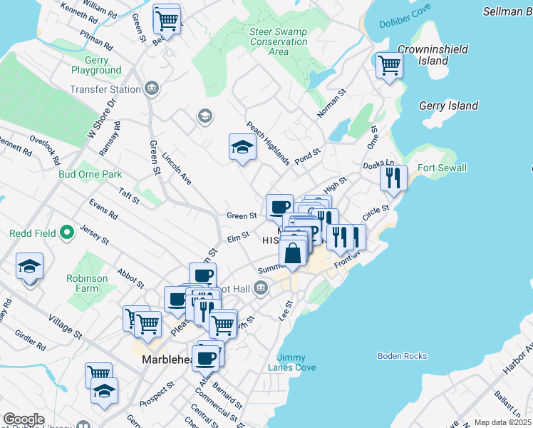 map of restaurants, bars, coffee shops, grocery stores, and more near 6 Pond Street in Marblehead