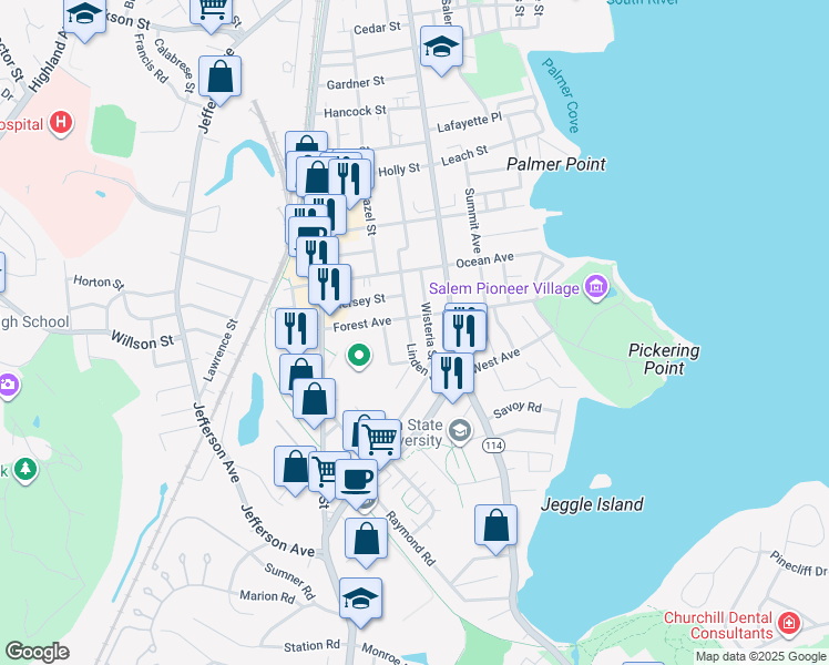 map of restaurants, bars, coffee shops, grocery stores, and more near 54 Linden Street in Salem