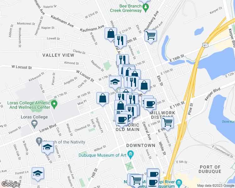 map of restaurants, bars, coffee shops, grocery stores, and more near 1555 Main Street in Dubuque