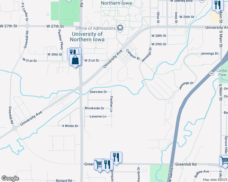 map of restaurants, bars, coffee shops, grocery stores, and more near 3509 Panther Lane in Cedar Falls