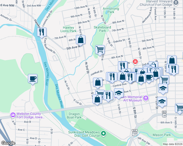 map of restaurants, bars, coffee shops, grocery stores, and more near Fort Dodge Nature Trail in Fort Dodge