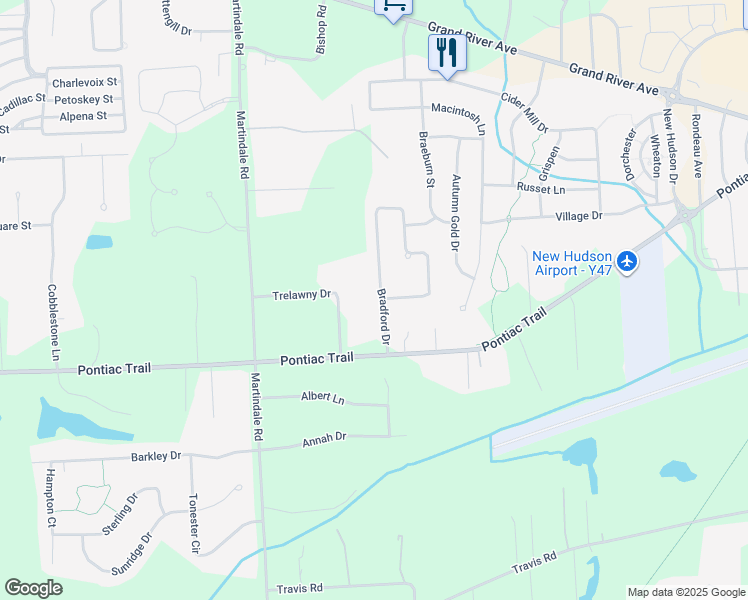 map of restaurants, bars, coffee shops, grocery stores, and more near 29818 Bradford Drive in Lyon Charter Township