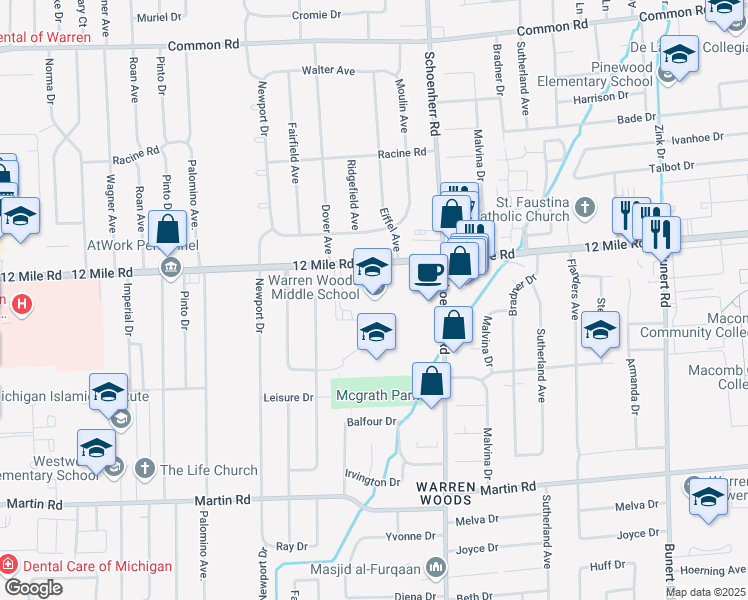 map of restaurants, bars, coffee shops, grocery stores, and more near 13400 East 12 Mile Road in Warren