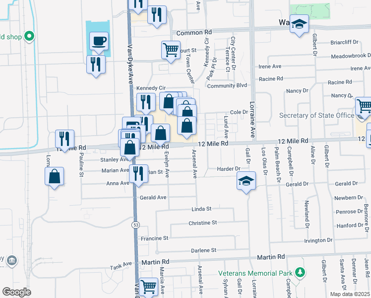 map of restaurants, bars, coffee shops, grocery stores, and more near 8393 Twelve Mile Road in Warren