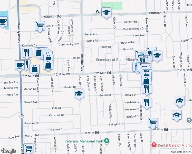 map of restaurants, bars, coffee shops, grocery stores, and more near 11081 Twelve Mile Road in Warren
