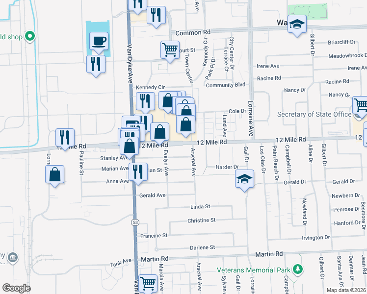 map of restaurants, bars, coffee shops, grocery stores, and more near 8393 Twelve Mile Road in Warren
