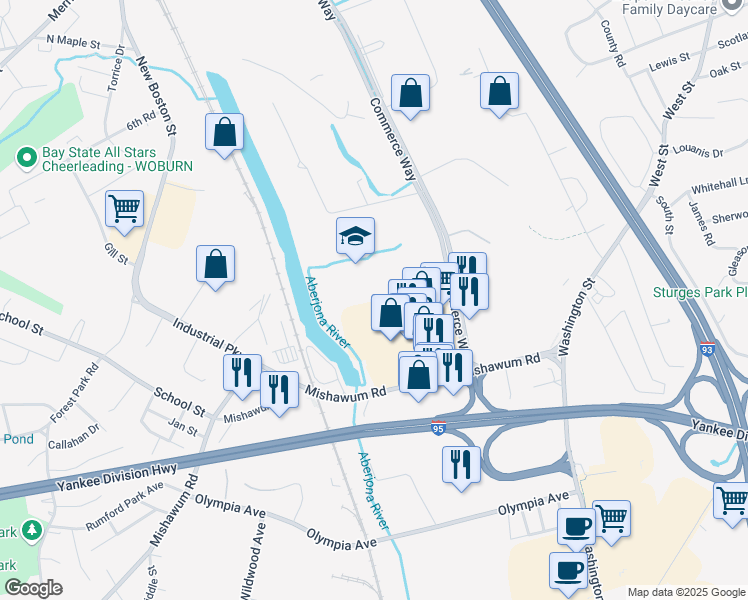map of restaurants, bars, coffee shops, grocery stores, and more near 18 Commerce Way in Woburn