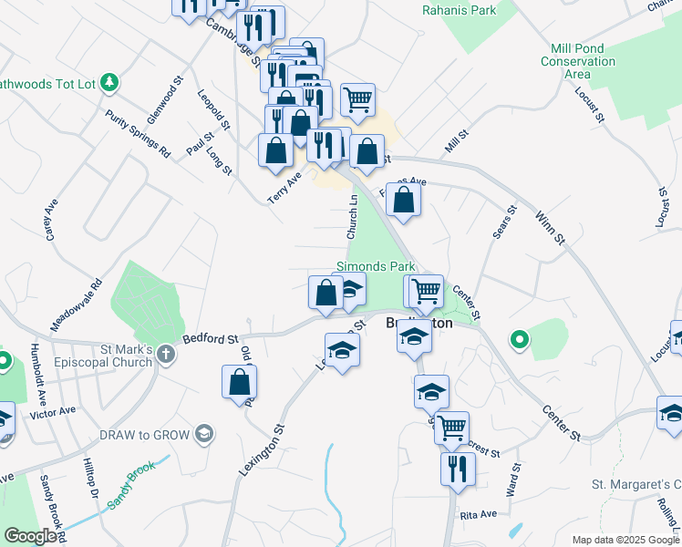 map of restaurants, bars, coffee shops, grocery stores, and more near 2 Raymond Road in Burlington