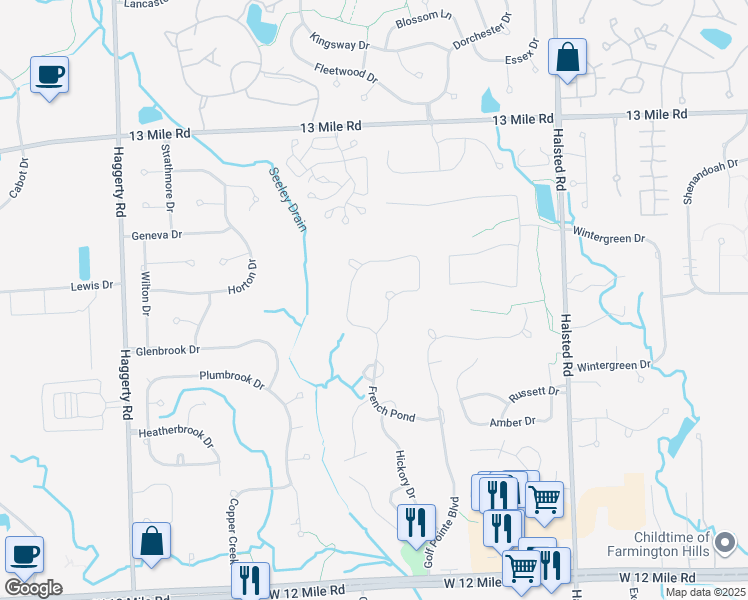 map of restaurants, bars, coffee shops, grocery stores, and more near 28892 Hidden Trail in Farmington Hills