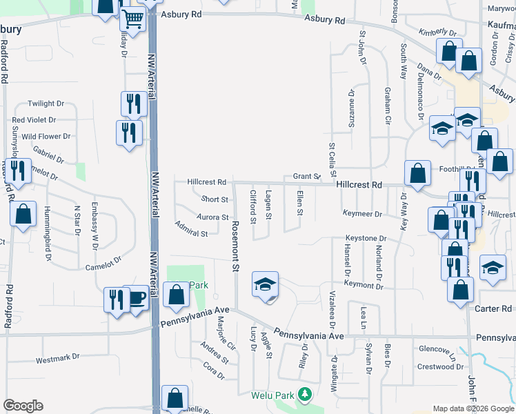 map of restaurants, bars, coffee shops, grocery stores, and more near 2079 Clifford Street in Dubuque